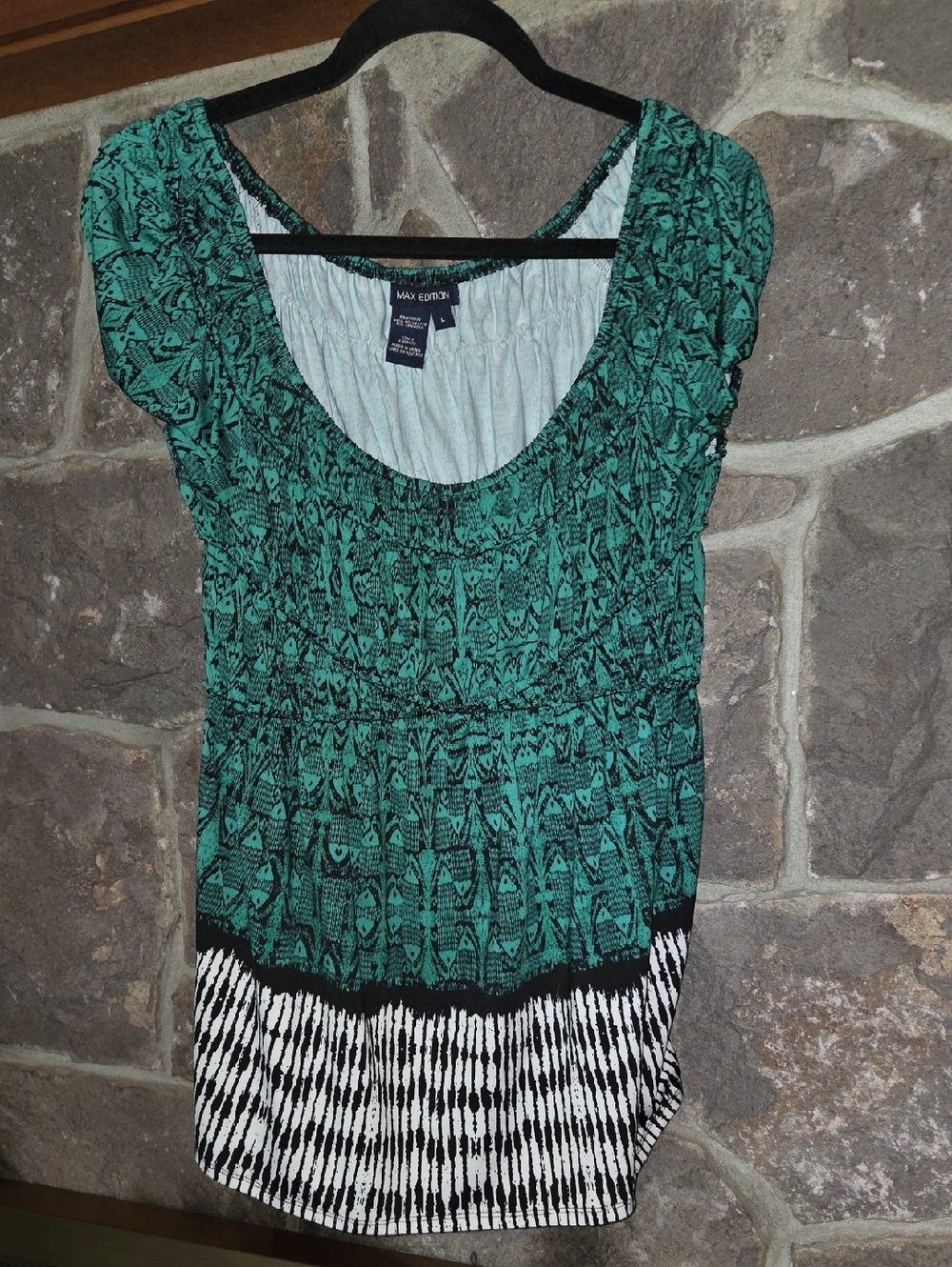 Max Edition Teal Patterned Short Sleeve Tunic with Black & White Hem